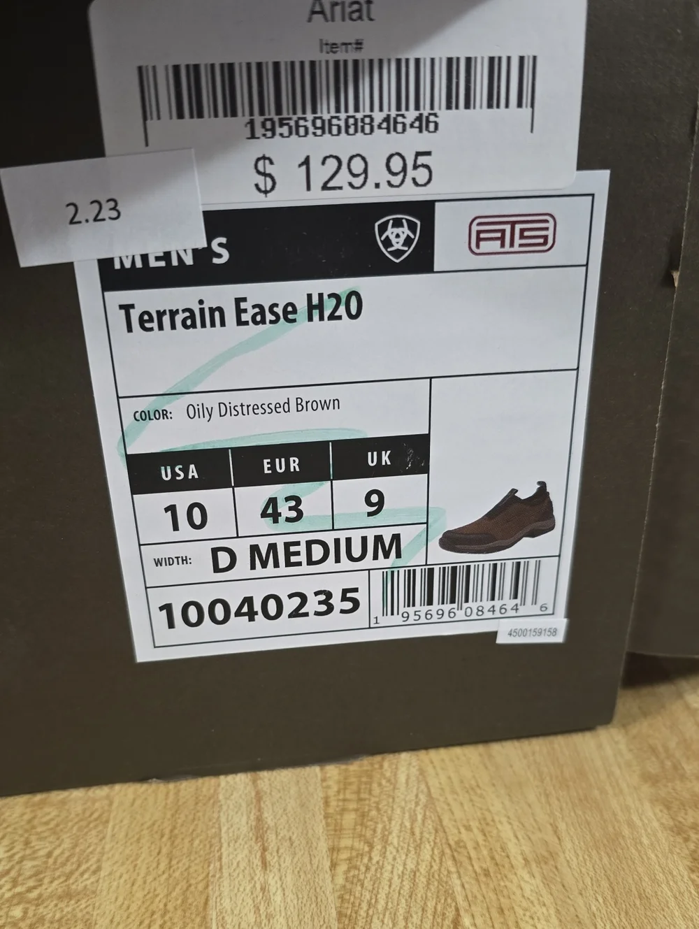 Ariat Men's 10 D Terrain Ease H2O Waterproof Men's Shoes - Distressed Brown NWT